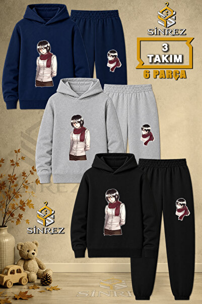 SİNREZ Children's Unisex 3Lu Set Anime Children's Printed Hooded Tracksuit Set