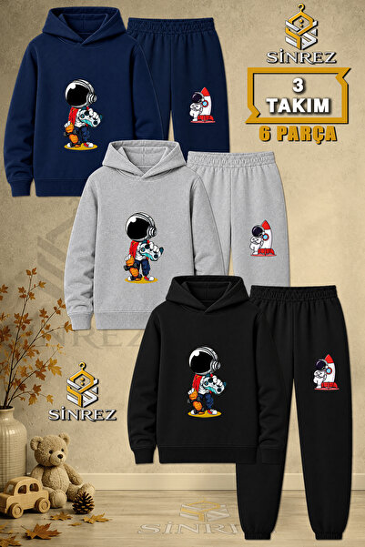 SİNREZ Children's Unisex 3Lu Set Astronaut Game Console Printed Hooded Tracks...