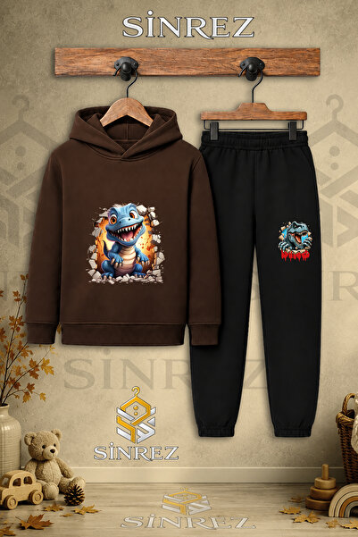 SİNREZ Children's Unisex Single Dinosaur Blue Cave Escape Printed Hooded Trac...