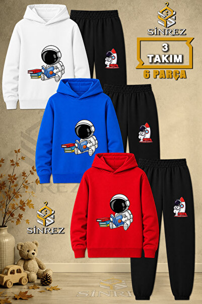 SİNREZ Children's Unisex 3Lu Set Astronaut Reading a Book Printed Hooded Trac...