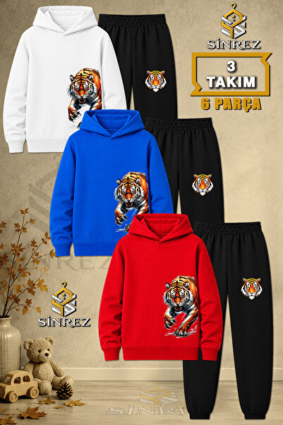 SİNREZ Children's Unisex 3Lu Set Tiger Pence Side Printed Hooded Tracksuit Set