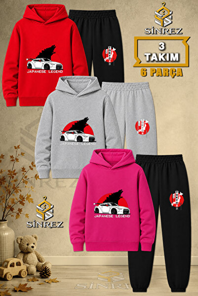 SİNREZ Children's Unisex 3Lu Set Tky Araba Japanes Lengend Printed Hooded Tra...