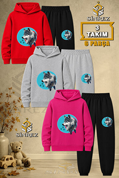 SİNREZ Children's Unisex 3Lu Set Wolf Gray Turquoise Canvas Printed Hooded Tr...