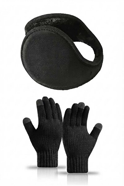 Betülce Unisex Siyah Dokunmatik Ekran Uyumlu Akıllı Eldiven ve Kışlık Kulaklık 2'li Set