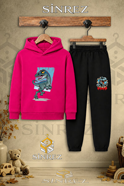 SİNREZ Children's Unisex Single Dinosaur Turquoise Canvas Printed Hooded Trac...