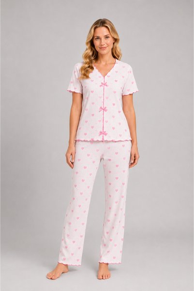 Pijamask Women's Heart Patterned Short Sleeve Long Bottom Pajama Set