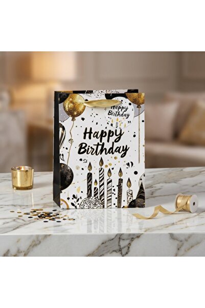 Ornament24 Punga pentru cadou aniversara Happy Birthday, neagra cu baloane si...