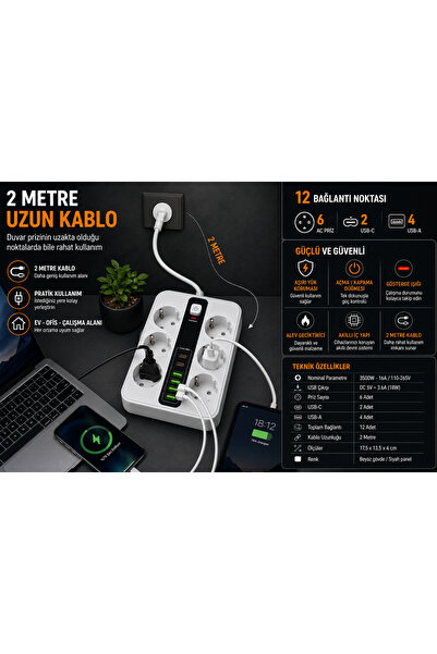 MEGAMUS 6’lı Akım Korumalı Priz – 2 USB-C + 4 USB-A | 3500W 16A | 2 Metre Kab...
