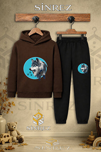 SİNREZ Children's Unisex Single Wolf Gray Turquoise Canvas Printed Hooded Tra...