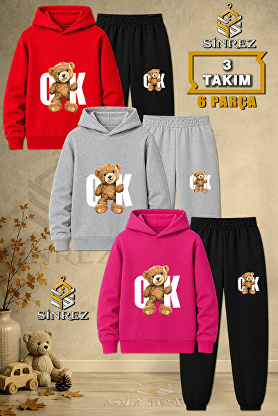 SİNREZ Children's Unisex 3Lu Set Teddy Bear Arrow White Printed Hooded Tracks...