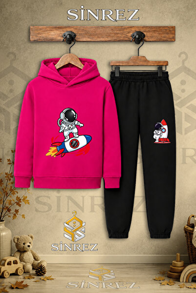 SİNREZ Children's Unisex Single Astronaut Shuttle Printed Hooded Tracksuit Set