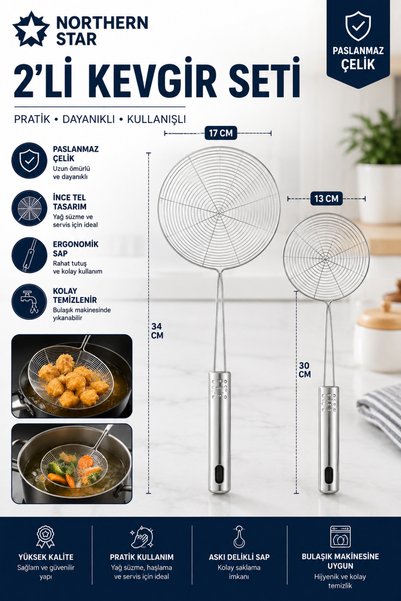Northern Star Set of 2 Stainless Steel Frying Colanders, Oil Strainers, Steel...