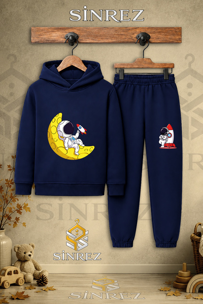 SİNREZ Children's Unisex Single Astronaut Printed Hooded Tracksuit Set with M...