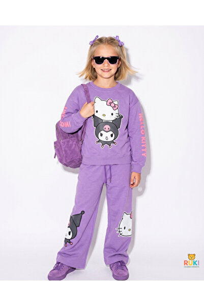 Ruki Çocuk Kız Çocuk Hello Kıtty Kuromi Baskılı Sweatshirt ve Pantolon Takım