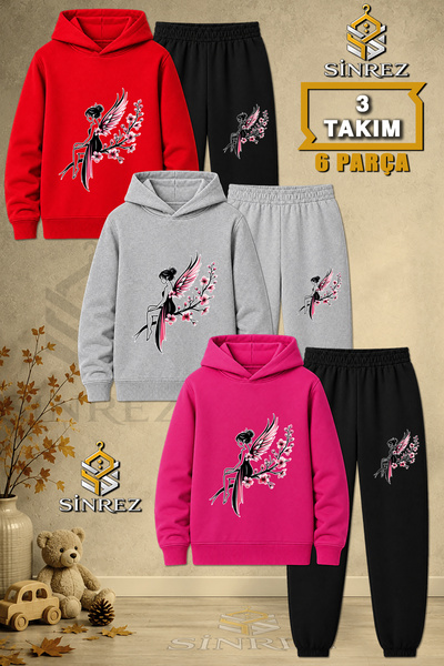 SİNREZ Children's Unisex 3Lu Set Girl's Butterfly Flower Printed Hooded Track...