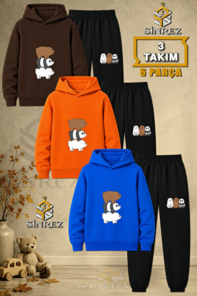 SİNREZ Children's Unisex 3Lu Set Pandas Back-To-Back Printed Hooded Tracksuit...