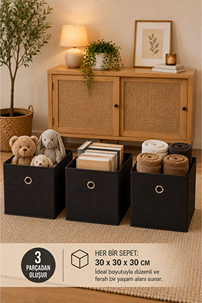 Homeconceptus 3'lü Raf Düzenleyici Sepet Seti 30x30x30 cm – Kumaş Saklama Kut...