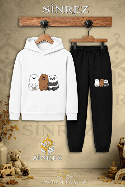 SİNREZ Children's Unisex Single Panda Printed Hooded Tracksuit Set Sitting Si...