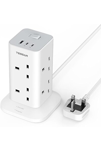 TESSAN وصلة تمديد كهربائية بـ 8 منافذ وطول 2 متر مع فتحتين USB-C