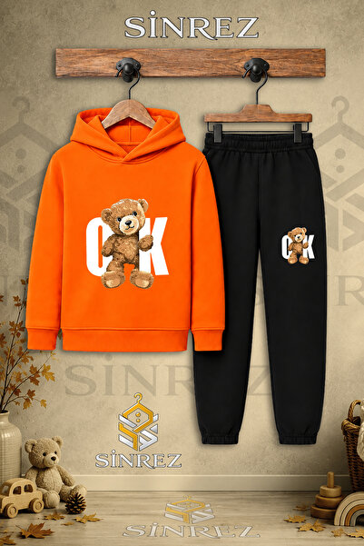SİNREZ Children's Unisex Single Teddy Bear Arrow White Printed Hooded Tracksu...