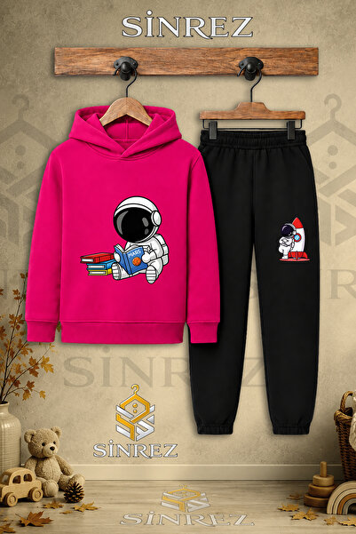 SİNREZ Children's Unisex Single Astronaut Reading Book Printed Hooded Tracksu...