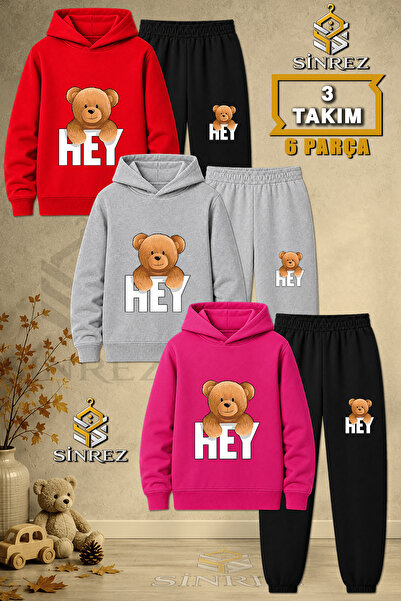 SİNREZ Children's Unisex 3-Piece Set with Bear and Text Printed Hooded Tracksuit