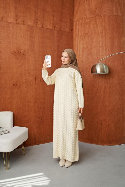 Kirazca Butik Embossed Knitted Textured Maxi Knitwear Dress Hijab