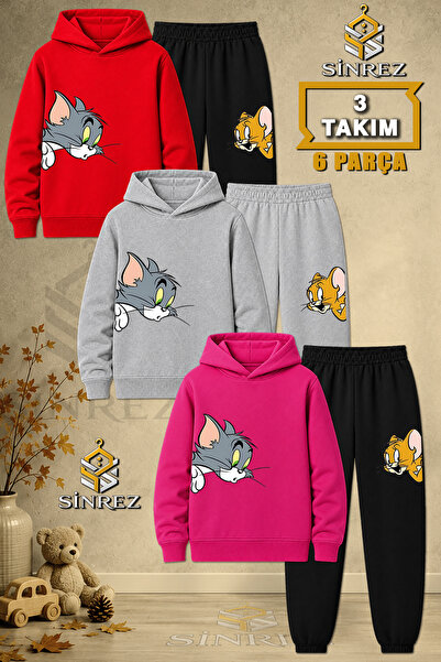 SİNREZ Children's Unisex 3Lu Set Cat Mouse Heads Side Printed Hooded Tracksui...