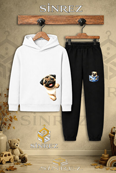 SİNREZ Children's Unisex Single-Piece Pug Half-Side Printed Hooded Tracksuit Set