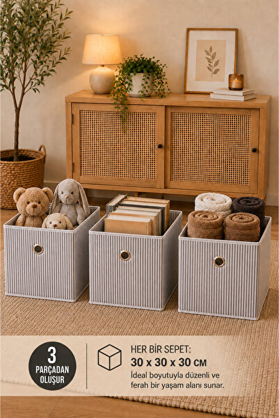 Homeconceptus 3'lü Raf Düzenleyici Sepet Seti 30x30x30 cm – Kumaş Saklama Kut...