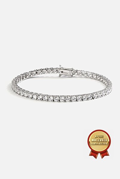 MEKS JEWELS 925 Ayar Gümüş Zirkon Taşlı Beyaz Altın Kaplama 4mm Su Yolu Bileklik