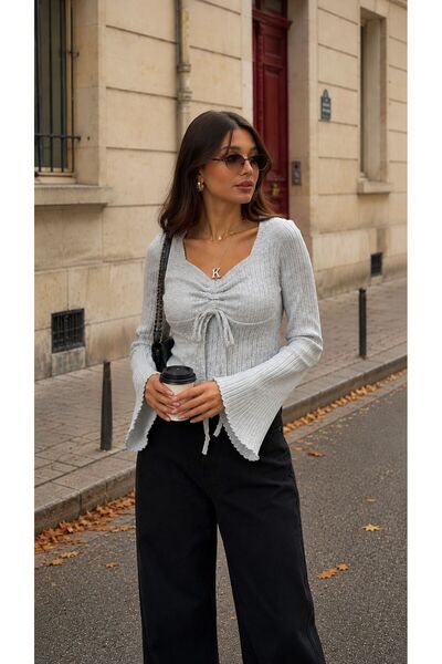 soBasic Knitwear Blouse - Soft Ribbed Square Neck Drawstring Tie Long Sleeve ...