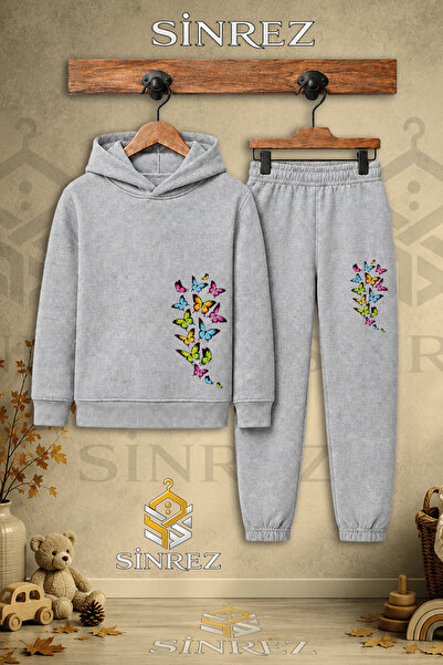 SİNREZ Children's Unisex Single Multi-Butterfly Soleni Printed Hooded Tracksu...