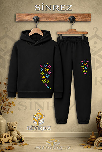 SİNREZ Children's Unisex Single Multi-Butterfly Soleni Printed Hooded Tracksu...