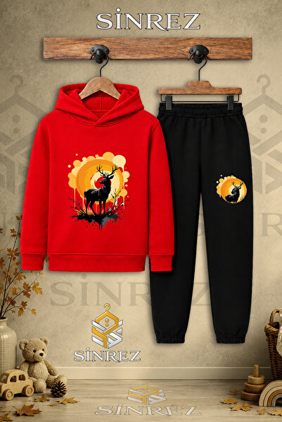 SİNREZ Children's Unisex Single Deer Sari Graft Printed Hooded Tracksuit Set