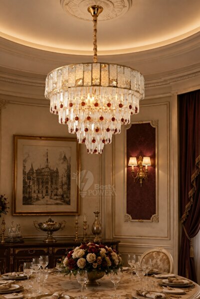 best power Hanging Crystal Chandelier with Circular Design Above the Dining T...
