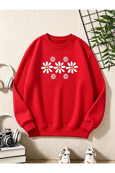 Trend Sizde Hanorac unisex cu imprimeu Daisy, cu gâtul tip crewneck