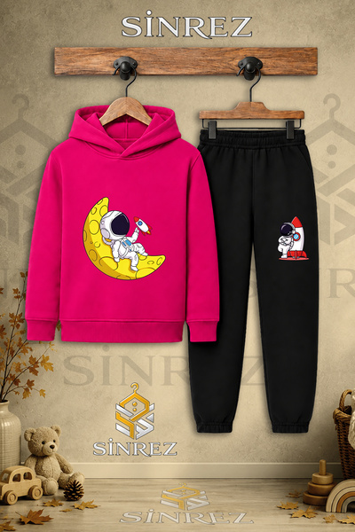 SİNREZ Children's Unisex Single Astronaut Printed Hooded Tracksuit Set with M...