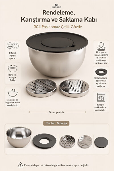 KHAKMA 5 Pieces 304 Stainless Steel Grater Mixing and Storage Container 24 cm...