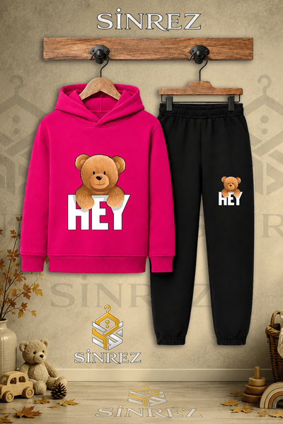 SİNREZ Children's Unisex Single Bear Printed Hooded Tracksuit Set with Hey Wr...
