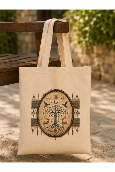 Tomris Hatun Sky Drum and Tree of Life Themed, Raw Cloth Bag, Sublimation Printing, Shoulder Bag, Shopping Bag