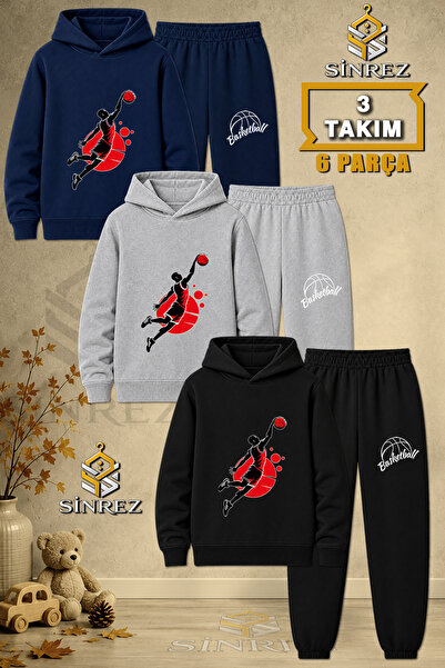 SİNREZ Children's Unisex 3Lu Set Basketball Player Red Black Printed Hooded T...