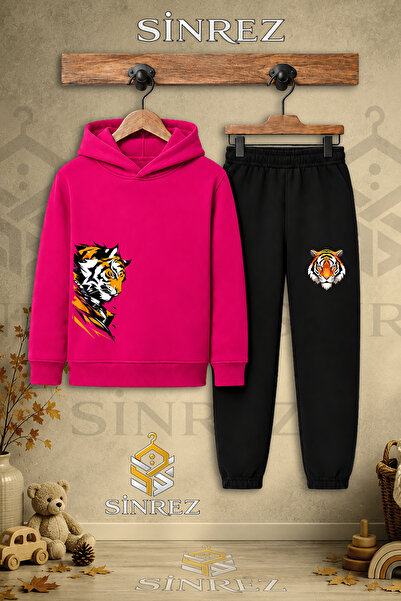 SİNREZ Children's Unisex Single Tiger Hooded Tracksuit Set with Sagging Print...