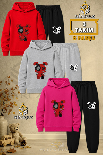 SİNREZ Children's Unisex 3Lu Set Teddy Bear Patched Red Black Printed Hooded ...