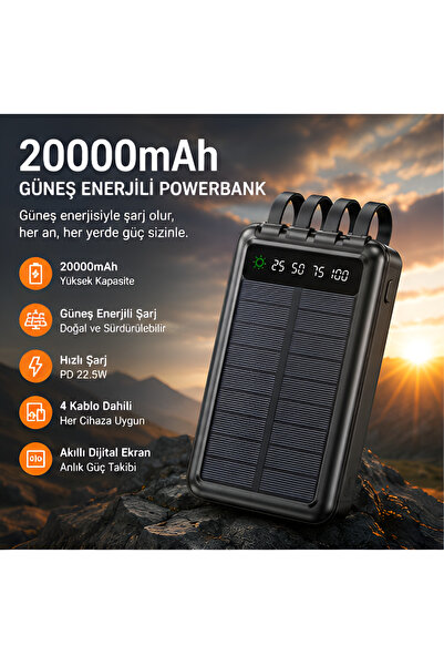 KOCH TECH 20000mAh Güneş Enerjili Powerbank 22.5W PD Hızlı Şarj, 4 Dahili Kab...