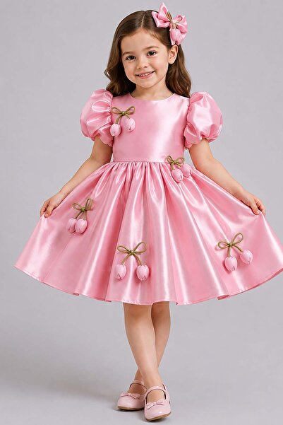 Riccotarz Girl's Watermelon Sleeves and Tulip Ribbon Detailed Skirt, Fluffy P...