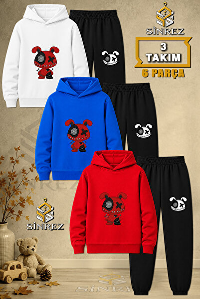 SİNREZ Children's Unisex 3Lu Set Teddy Bear Patched Red Black Printed Hooded ...