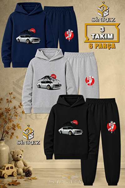 SİNREZ Children's Unisex 3Lu Set Tky Car Gray Mountain Printed Hooded Tracksu...