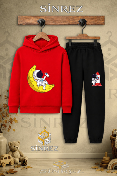 SİNREZ Children's Unisex Single Astronaut Printed Hooded Tracksuit Set with M...