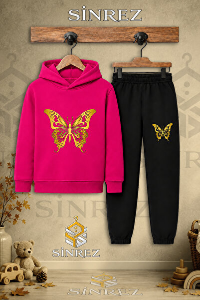 SİNREZ Children's Unisex Single Butterfly Gold Color Printed Hooded Tracksuit...